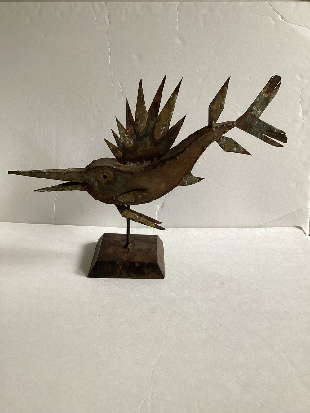 Vintage Brutalist Sculpture Metal Sail Fish Abstract Mid Century Modern Signed